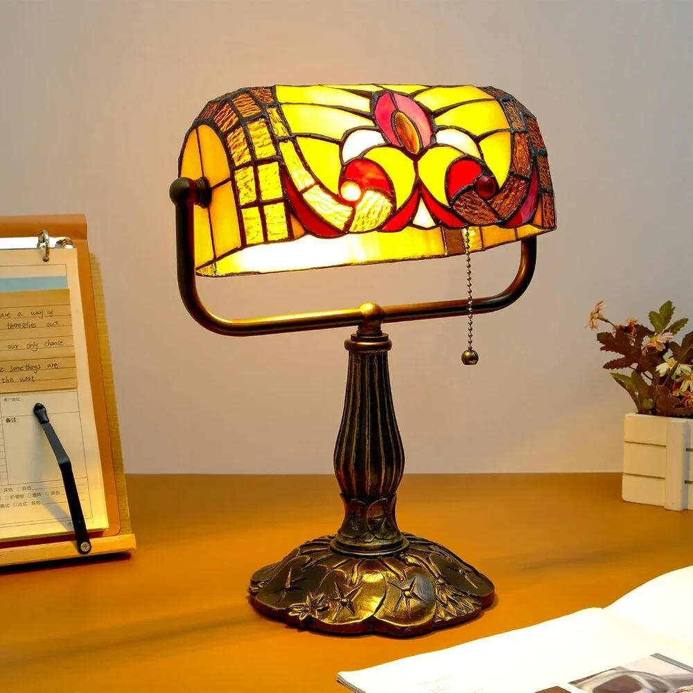 Tiffany Style Bankers Lamp - Stained Glass Desk Lamps with Baroque Design & Pull - Picture 7 of 7